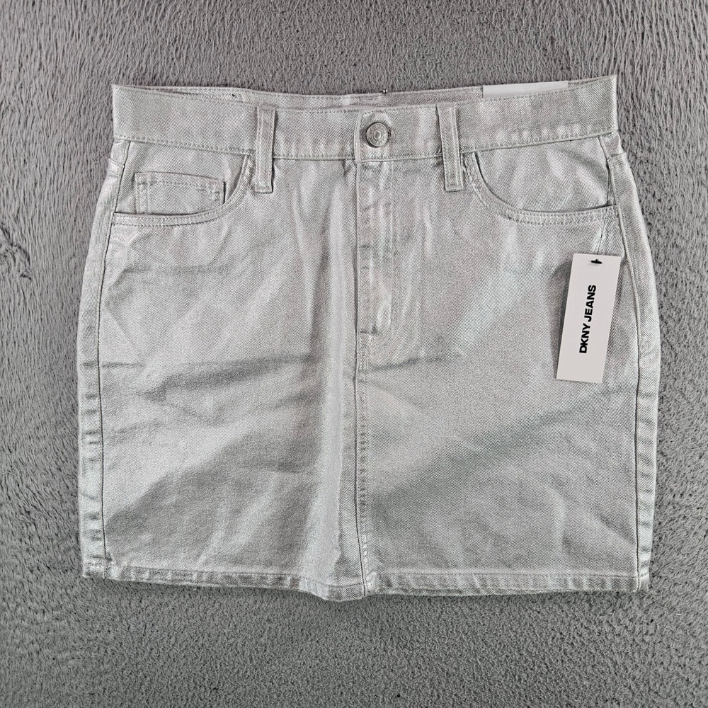 DKNY Jeans Womens‎ High Rise Mini Skirt Metallic Silver Denim Size 27 NEW NWT
